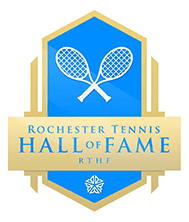 A blue and gold logo with two tennis rackets.