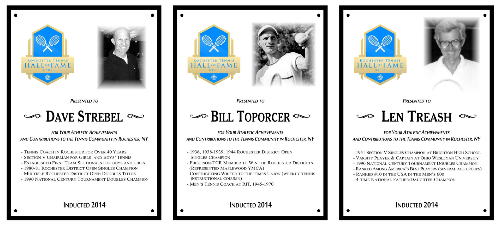 Three plaques of bill toporcer, a baseball player and an official.