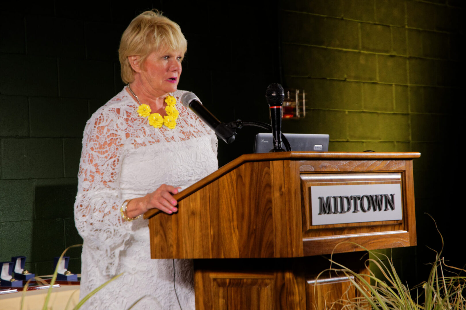 A woman standing at the top of a podium speaking.