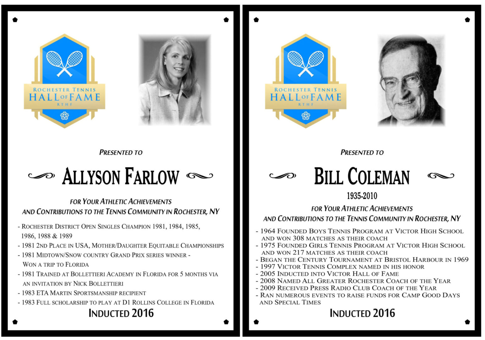 Two identical plaques with a picture of bill and allyson farlow.