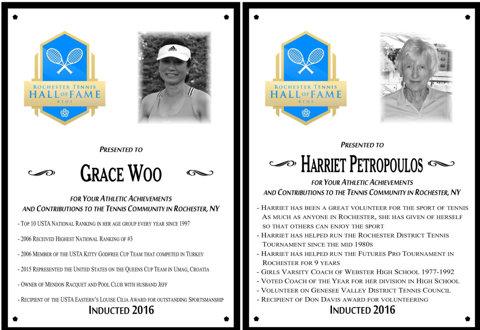 Two plaques of tennis players are shown side by side.