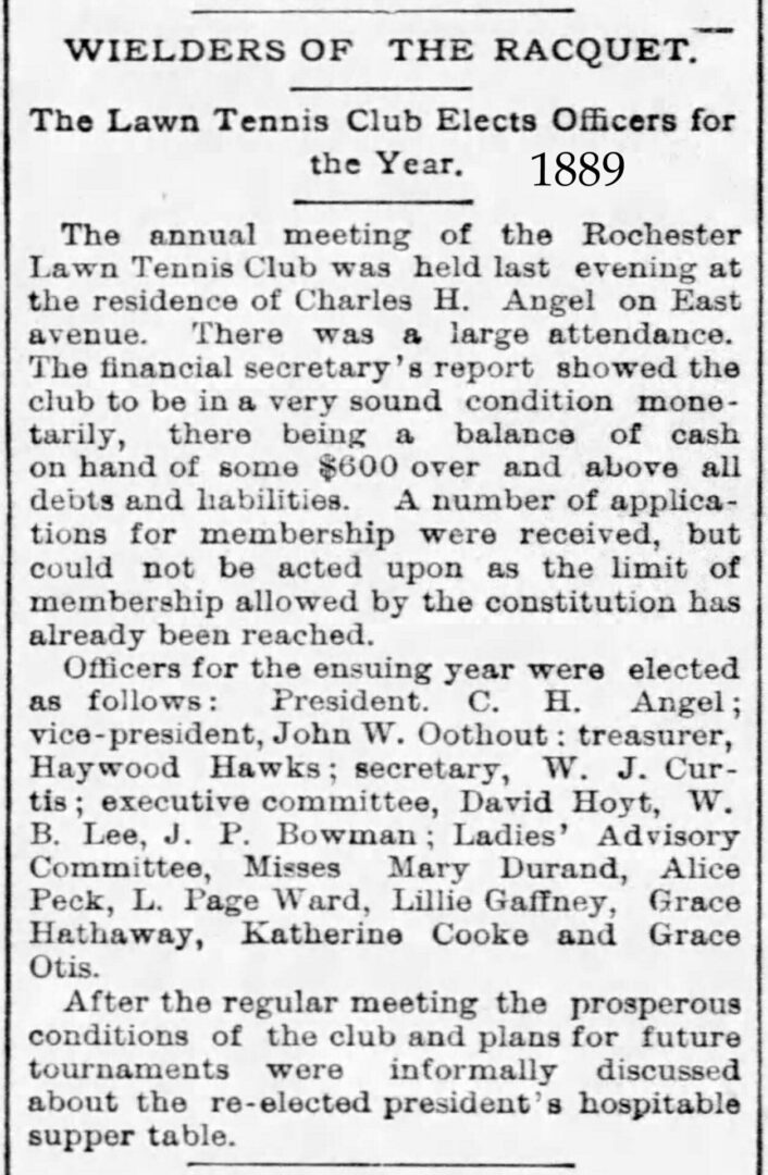 A newspaper article about the rochester lawn tennis club.