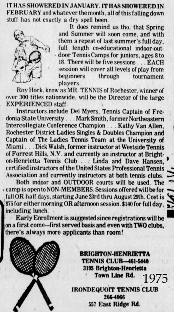 A newspaper ad for tennis club