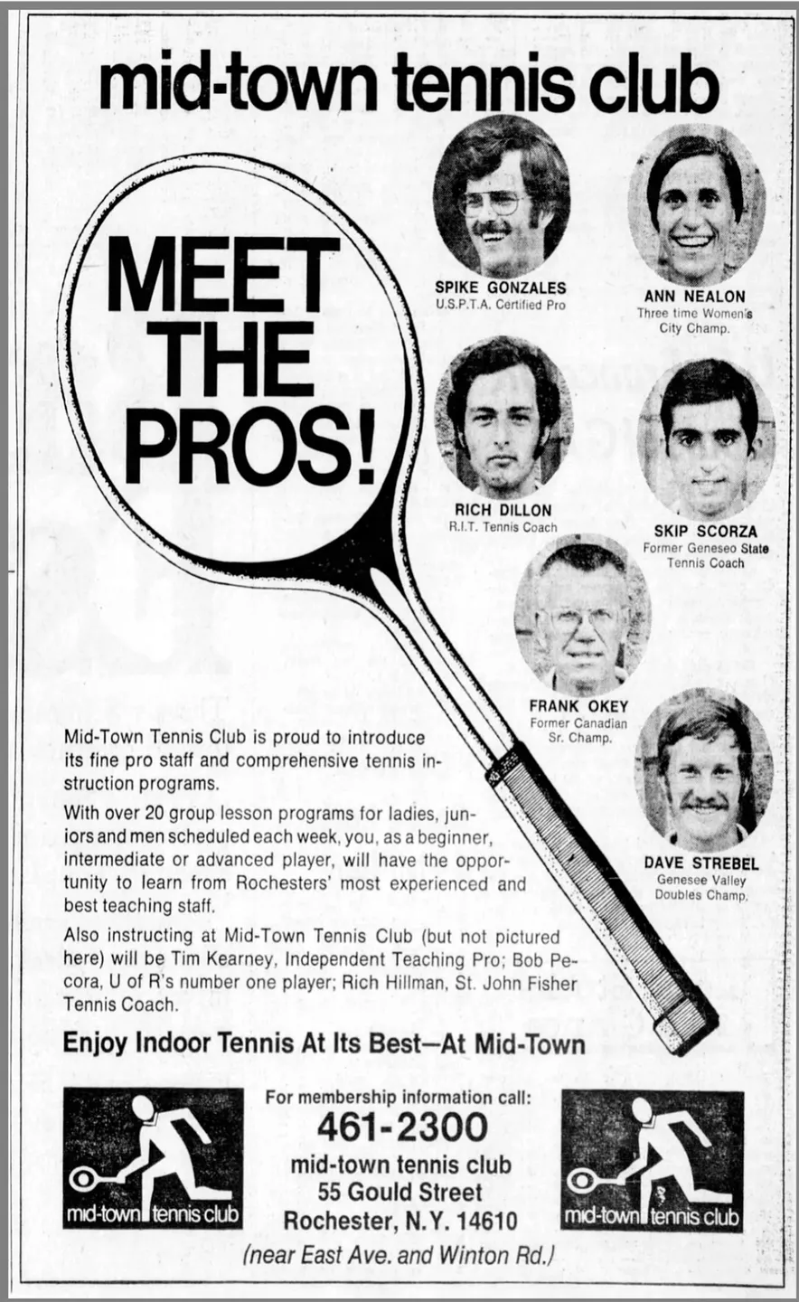 A black and white advertisement for the mid-town tennis club.